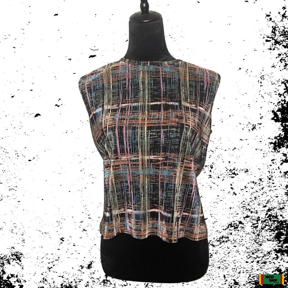 Vintage Plisse Sleeveless Crinkle Top w/ Abstract Multicolor Brush Stroke M/L
